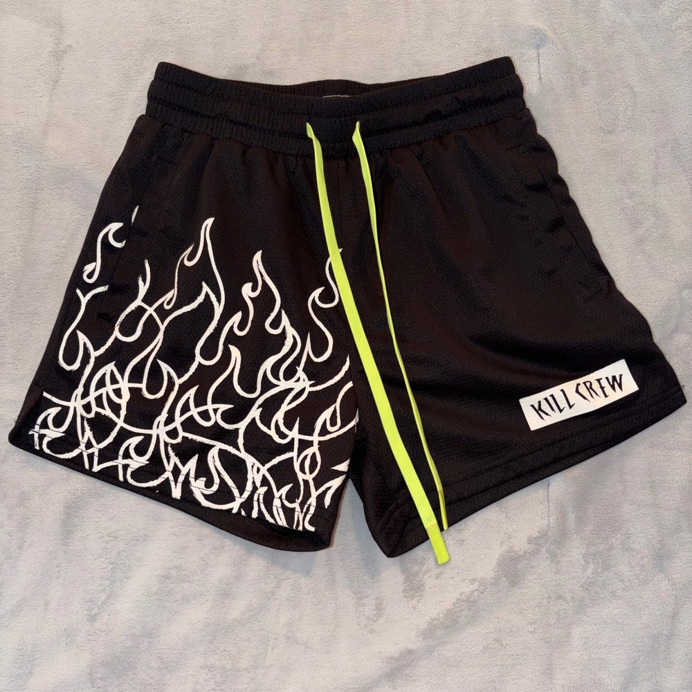 Kill Crew Mens Black Muay Thai Flame Graphic Gym Shorts Neon Drawstring Small